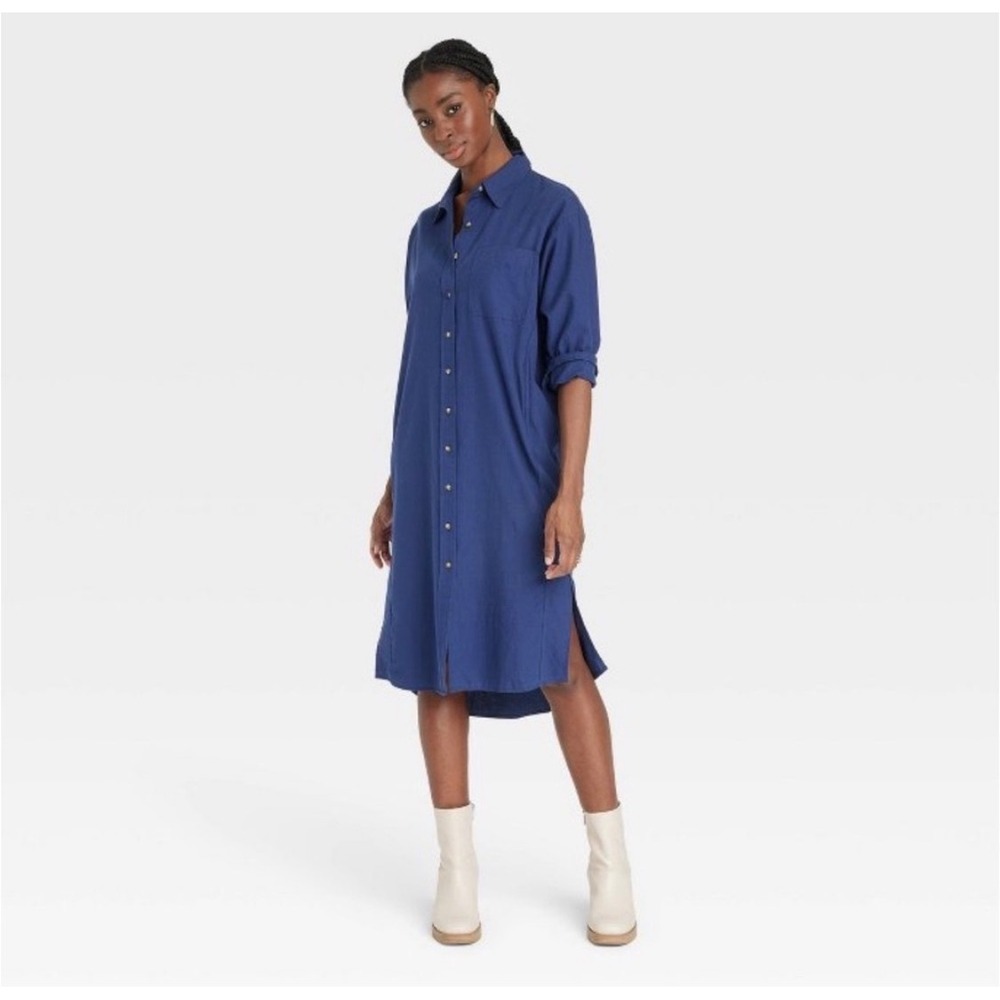 Universal Thread Navy‎ Blue Cotton Long Sleeve Button Down Shirt Dress Small